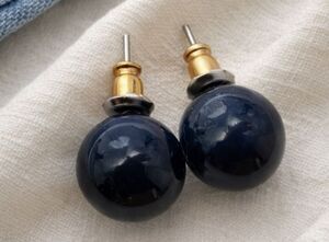 Navy Blue Stud Earrings Glossy Round Bead Post Minimalist